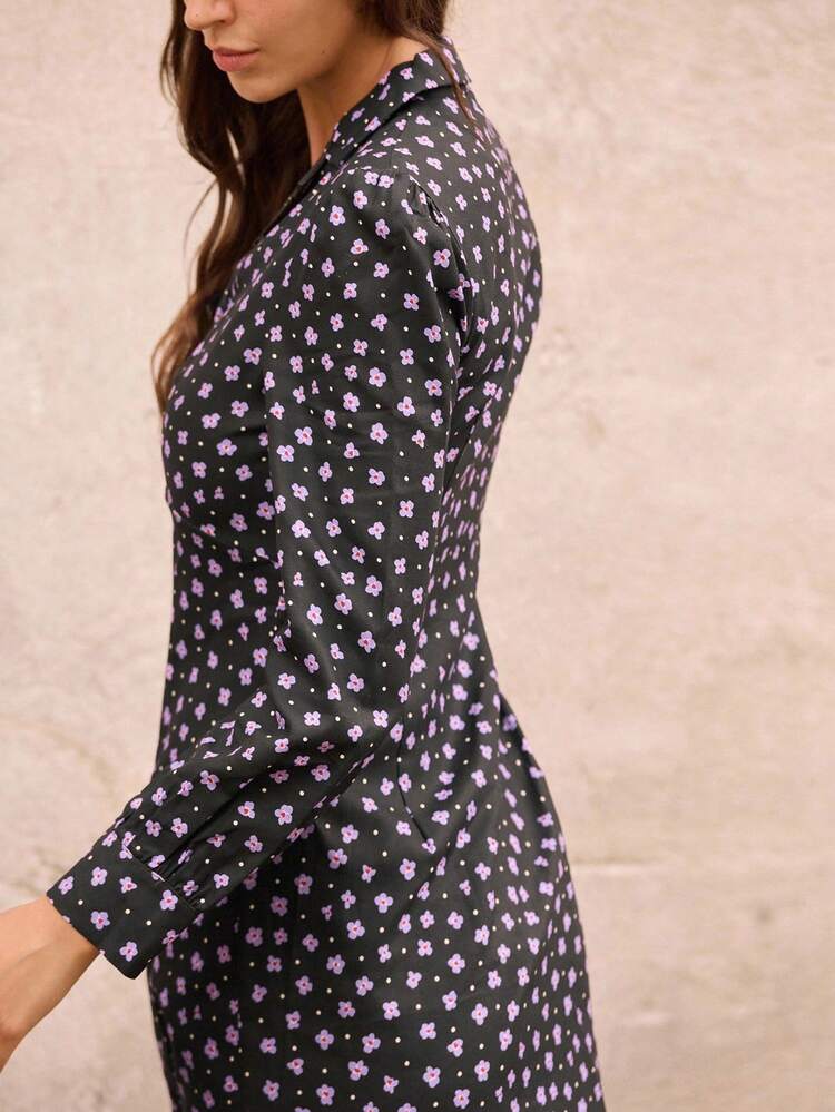 Midi Shirt Dress With Purple Ditsy Floral Print Fall Women Clothes Autumn Winter