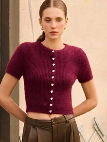 lacRébo Vintage Style Burgundy Soft Fluffy Knit Crop Cardigan With Crystal Heart Buttons Fall Spring Summer Elegant Burgundy Top - Red - View 1