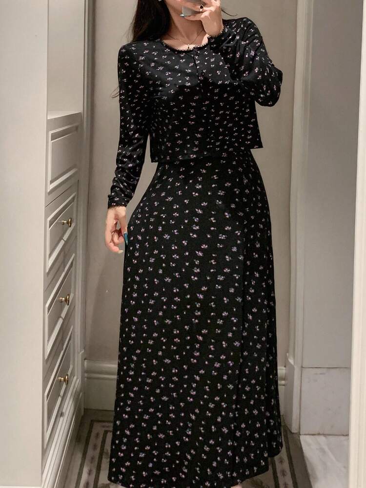 Ditsy Floral Sleep Dress & Button Placket Top Sleepwear Pajama Set For Women, Fall Winter Clothes