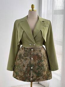 Flirla Áo đi chơi thanh lịch, chân váy ngắn, áo khoác blazer buộc dây thời trang, áo cánh ôm vừa vặn thời trang + chân váy chữ A họa tiết hoa hướng dương cổ điển, bộ trang phục hai món - Nhiều màu - Xem 6