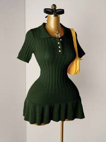 Mistrie 女式针织珍珠纽扣罗纹橙色褶皱迷你连衣裙，短袖性感紧身简约毛衣裙 - 綠色 - 查看 5