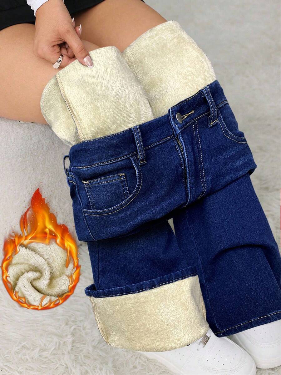 SHEIN Tall Women's Jeans Casual Tight Elastic Flared Pants Black Velvet Jeans Winter Jeans Thermal Denim Teddy Denim Teddy Thermal Fuzzy Fleece Teddy Leggings Women Jeans Black Jeans Fleece Winter Women Clothes Thermal - Medium Wash - View 1