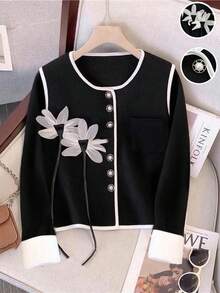GlowEve 女款秋冬拼色花卉图案休闲夹克 - 黑色 - 查看 1