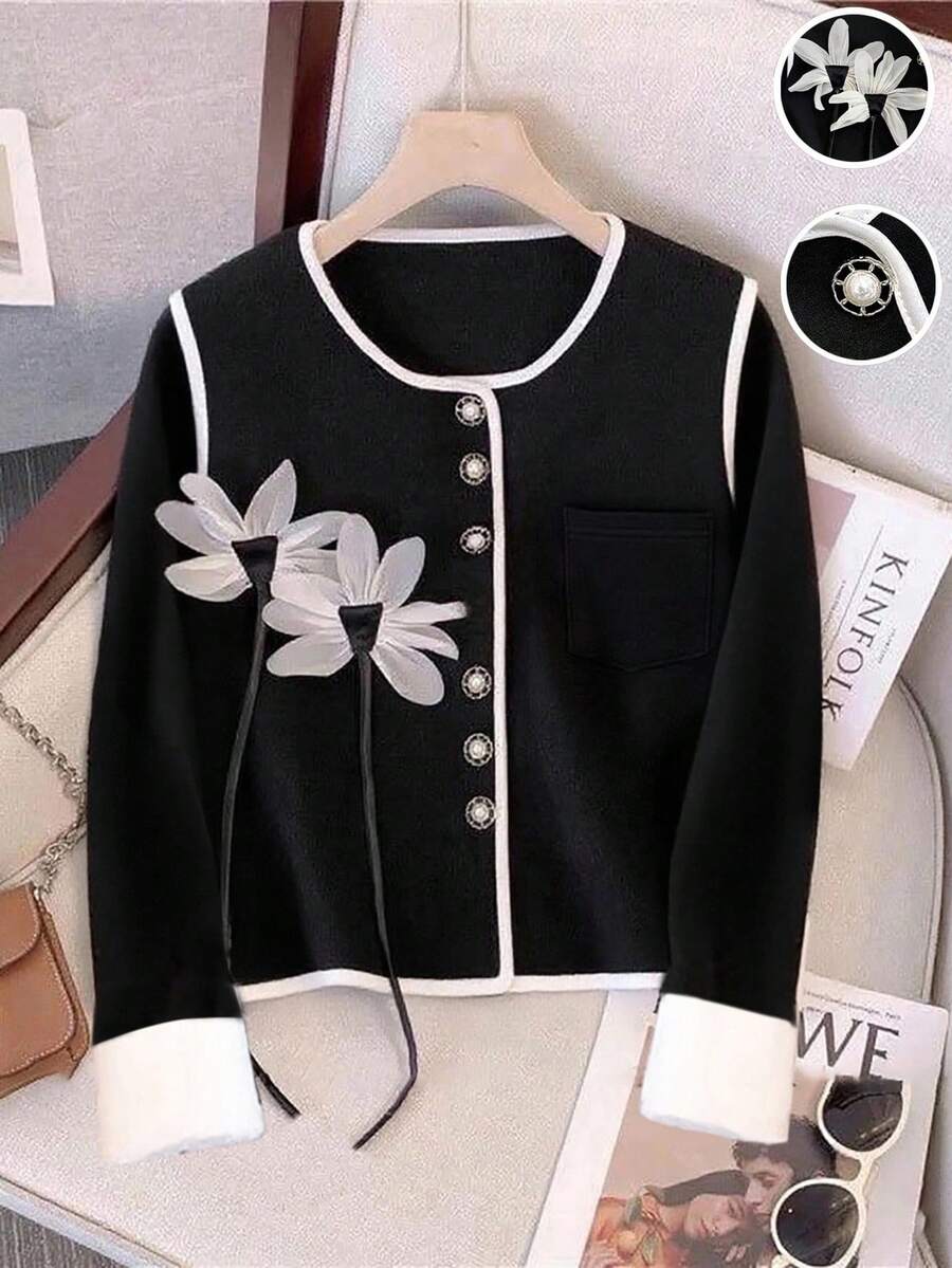 GlowEve 女款秋冬拼色花卉图案休闲夹克 - 黑色 - 查看 1