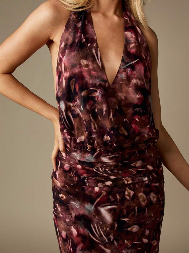 MISSGUIDED Vestido Longo Elegante Envelope Frontal Bodycon com Estampa Abstrata, Decote Halter Sem Costas, Formal para Festa de Casamento e Convidados com Detalhe Franzido na Cintura