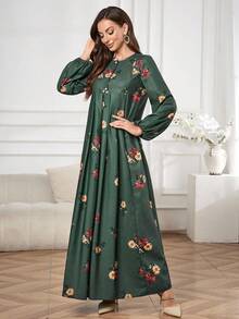 Al Najma Women's Casual Vacation Style Floral Print Lantern Sleeve Flowy Hem Loose Arabic Dress, Spring/Autumn Hosting Jalabiya - Green - View 4