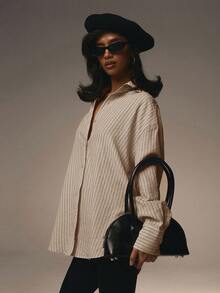 Athîral 女士前扣领长袖粉色条纹简约衬衫情人节款 - 藕粉色 - 查看 5