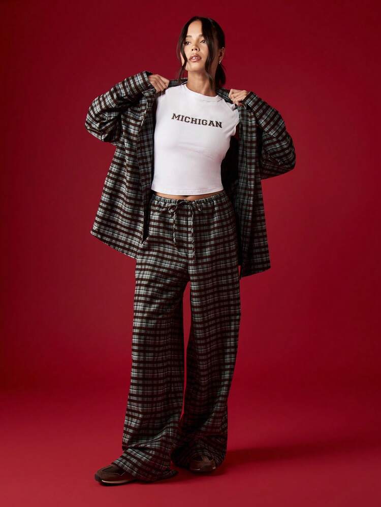MISSGUIDED College Style Flannel Plaid Co-Ord Set Oversized Shirt With Drawstring Wide Leg Pants Fall Winter Loose Fit Two Piece Outfit With Michigan Text