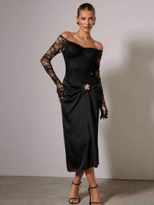 COSMINA Women's Contrast Lace Off Shoulder Long Sleeve Metallic Floral Decor Elegant Mid-Length Dress - Black - View 3
