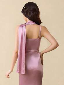 Vestido elegante e minimalista para adolescentes, estilo assimétrico, sem mangas, com cintura alta, colado ao corpo, em cetim sólido e brilhante, para formatura, com design de fita, pode ser usado como laço de lenço, vestido com design versátil para aniversário, Natal, Halloween - Rosa - Ver 5