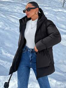 SHEIN Essnce Slant Pocket Zip Up Hooded Puffer Coat - Black - View 6