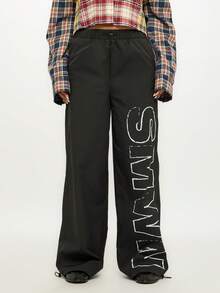SUMWON WOMEN Graphic Nylon Joggers With Side Text Print Wide Leg Casual Streetwear Pants
