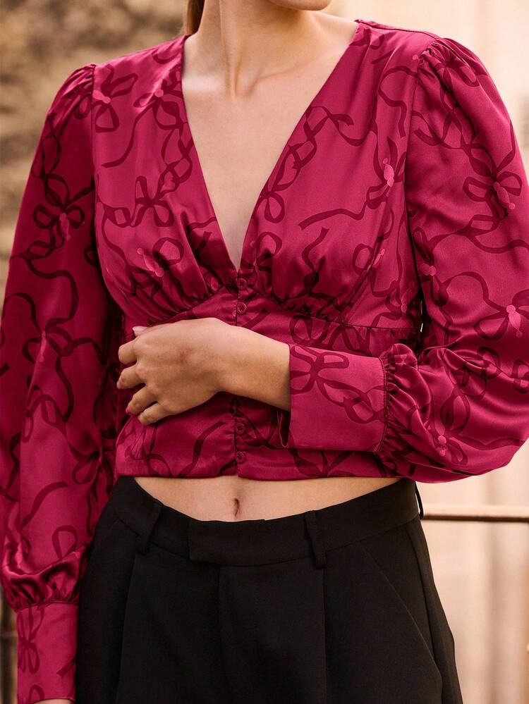 Kurzes burgunderrotes Top mit Schleifen-Muster und Knopfverschluss, Frühling-Sommer Business-Lässig elegante Bluse, französischer Stil, Pariser Stil