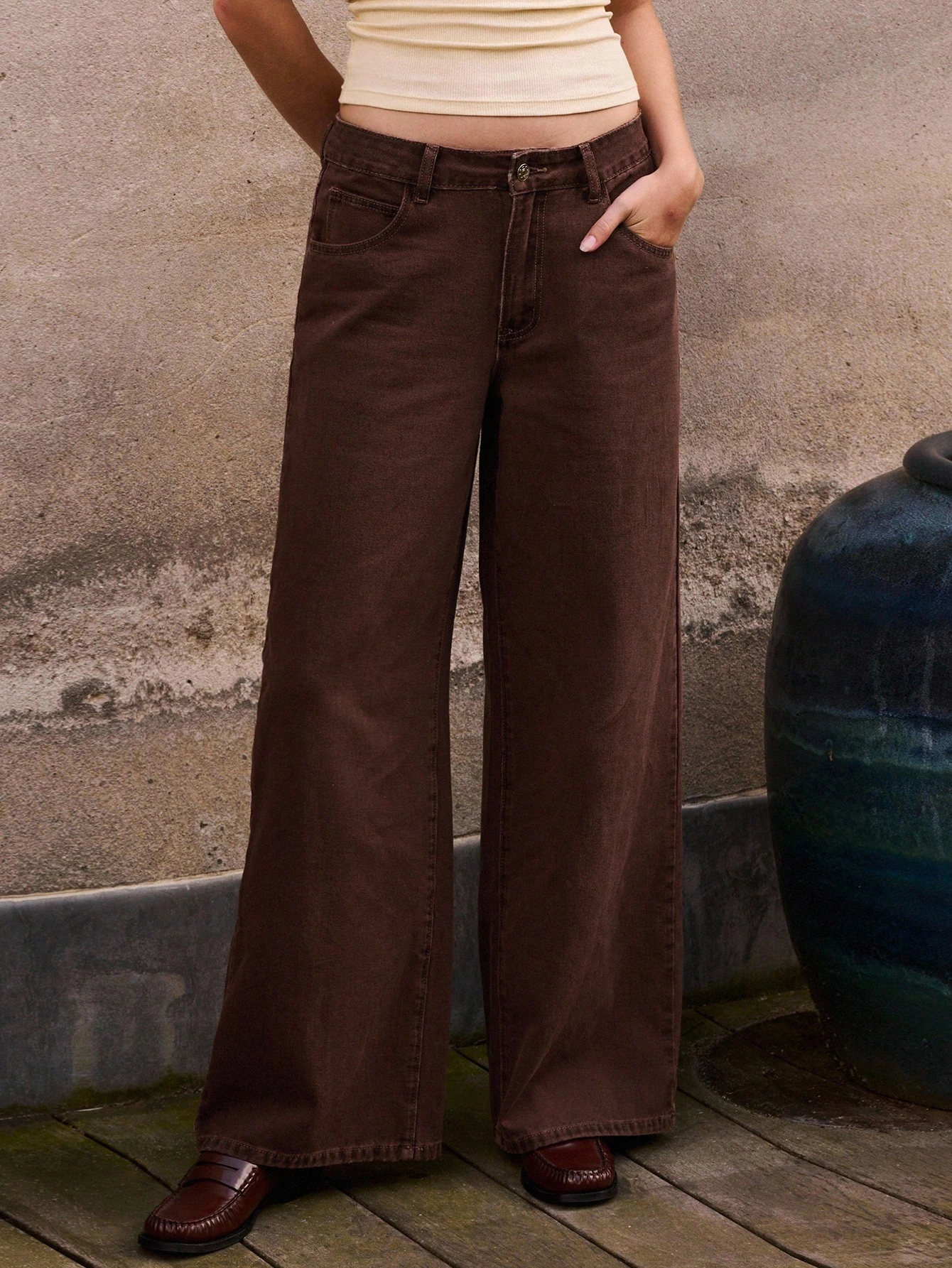 Calça Pantalona de Cintura Baixa Marrom, Roupas Femininas de Outono e Inverno
