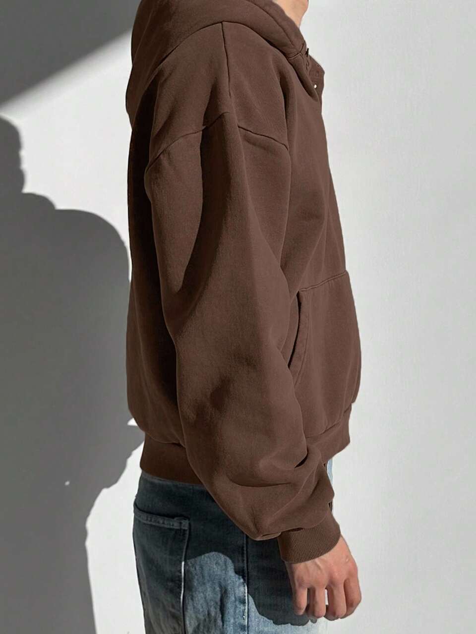 Men's Solid Color Half-Zip Hoodie With Metal Buttons, Thermal Lined, Autumn/Winter
