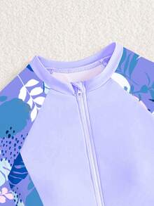 Tween Girls Tropical Plant Printed Tankini Swimsuit With Shorts - Purple - View 4