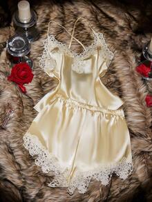 SilkySpell Lace Trim V-Neck Backless Faux Silk Women Camisole & Shorts Pajama Set Lace Pajama Set Babydoll Pajama Set Satin Sleepwear Set Satin Pj Set Lingerie Sleep Set