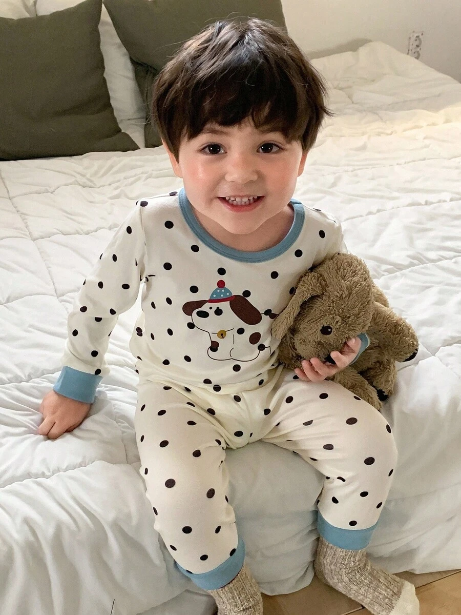 DAZY 男婴圆领波点卡通舒适长袖上衣和裤子睡衣套装秋冬