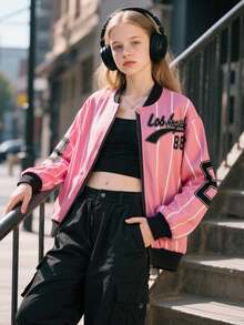 Chaqueta de béisbol casual de niña con contraste de color y flores 3D, adecuada para primavera y otoño - Rosa - Ver 6