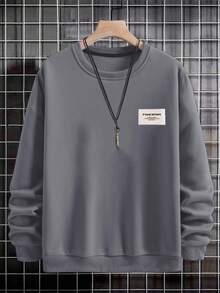 RueChic Áo nỉ cổ tròn in chữ thường ngày dành cho nam, Thu/Đông - Xám - Xem 3