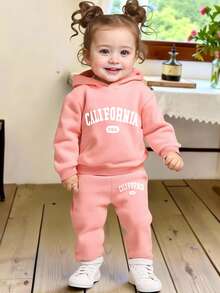 两件套女婴加州字母印花休闲羊毛连帽卫衣和裤子套装，秋冬 - 藕粉色 - 查看 1