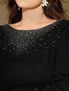 Anewsta Elegant Luxury Formal Chic Black Plus Size Rhinestone Embellished Off Shoulder Wool Sweater, Suitable For Fall/Winter, Christmas, New Year, Party - Black - View 7