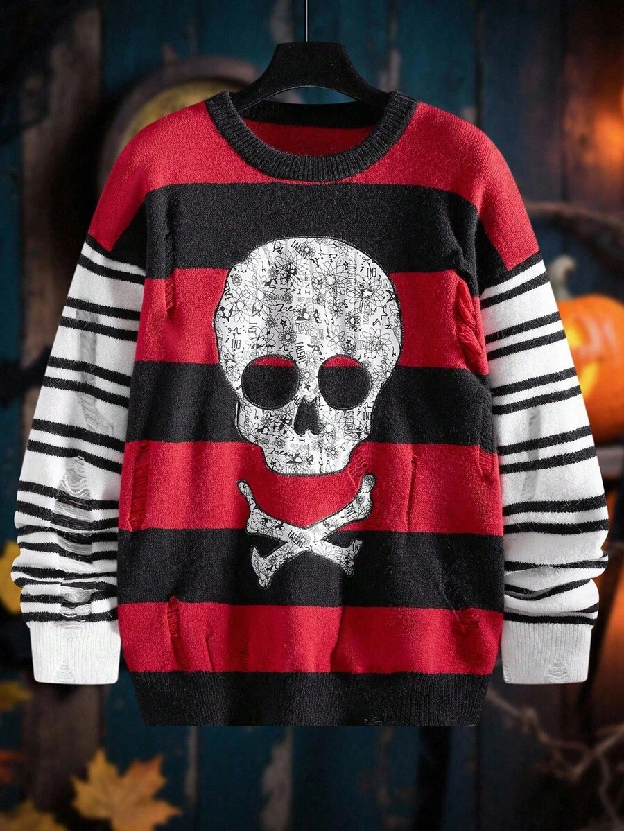 Manfinity LEGND Men's Casual Striped Skull Pattern Crew Neck Long Sleeve Sweater, Autumn - Multicolor - View 1