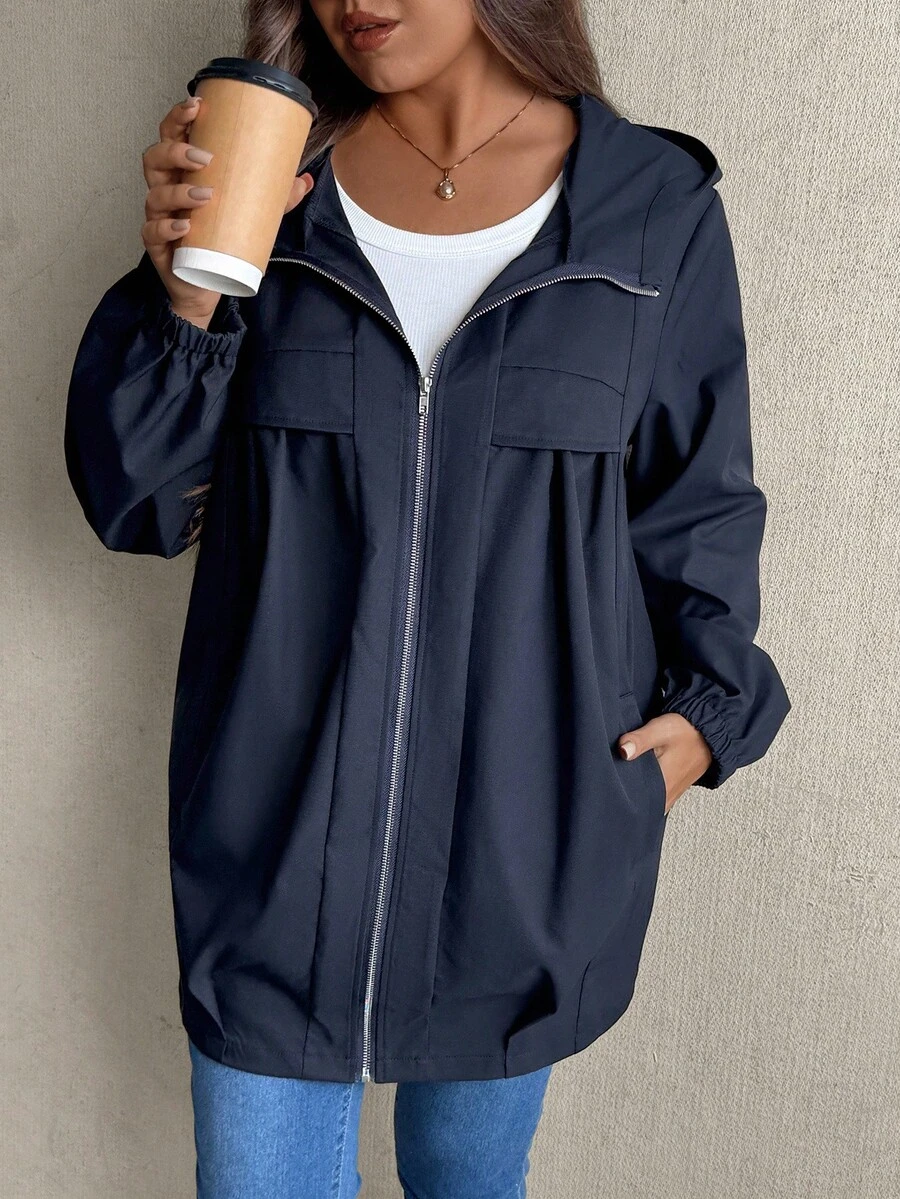 EMERY ROSE Plus Size Women Casual Commuter Outdoor Loose Mid-Length Hooded Jacket With Front Pleated Pocket Patchwork Long Sleeve Winter Fall Autumn - Blue - View 1