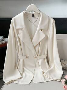 Modelyn Áo khoác blazer tay dài trơn tối giản, ve áo cỡ lớn mặc hàng ngày vào mùa thu/đông - Màu be - Xem 2