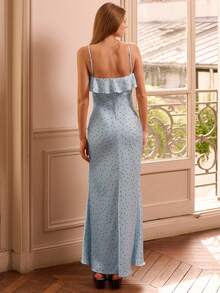 lacRébo Vestido largo de satén con lunares, con volantes y detalles de flores para otoño e invierno - Azul - Ver 4