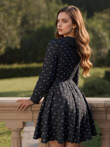 Lucivie Váy ngắn cổ chữ V tay bồng dáng chữ A thanh lịch lãng mạn cổ điển dành cho nữ - màu đen - Xem 2