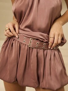 Aralina Vestido mini de verano para mujer, de unicolor, con escote halter y espalda descubierta, sexy - Marrón - Ver 3