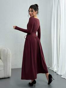 DAZY Women's Solid Color Long Sleeve Ruched Fitted Dress Red Women Dresses