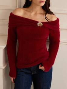 Chiquease Elegant Off Shoulder Knitted Sweater, Autumn/Winter - Burgundy - View 3
