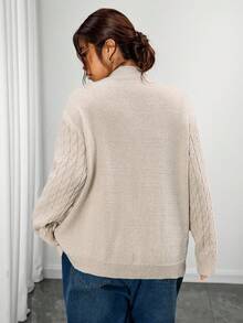 Elenzga 大码女式秋冬抽绳针织休闲街头风格圆领长袖开衫 - 杏色 - 查看 2