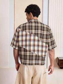 SWAVVY Men's Woven Casual Plaid Short Sleeve Shirt, Suitable For Summer - Khaki - View 2