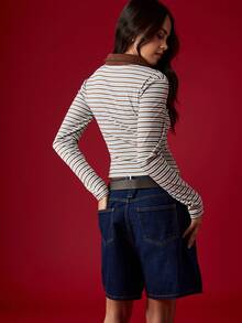 MISSGUIDED Long Sleeve Striped Polo Shirt With Brown Contrast Collar And Letter Patch Detail