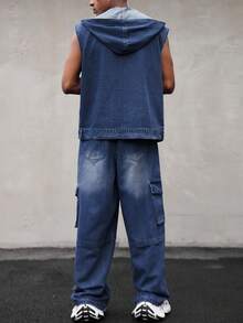 Manfinity EMRG 复古美式宽松连帽背心和直筒牛仔裤两件套 - 藍色 - 查看 2