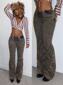 StreetHx Retro Sexy Street Style Frayed Tie-Up Low Waist Flare Jeans - Black - View 1