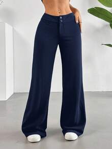SHEIN EZwear 加大码蓝色休闲高腰直筒裤女式阔腿裤海军蓝裤子 - 藍色 - 查看 10