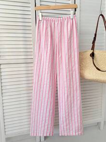 Elamini Women's Soft & Comfortable Linen Blend Striped Flare Leg Pants With Pockets, Low Waist, Elegant & Versatile For Commute, Casual, Vintage Daily Wear, Spring/Autumn Striped Wide Leg Pants Stripe Pants Wide Leg Summer Pants Fall Cloth For Women