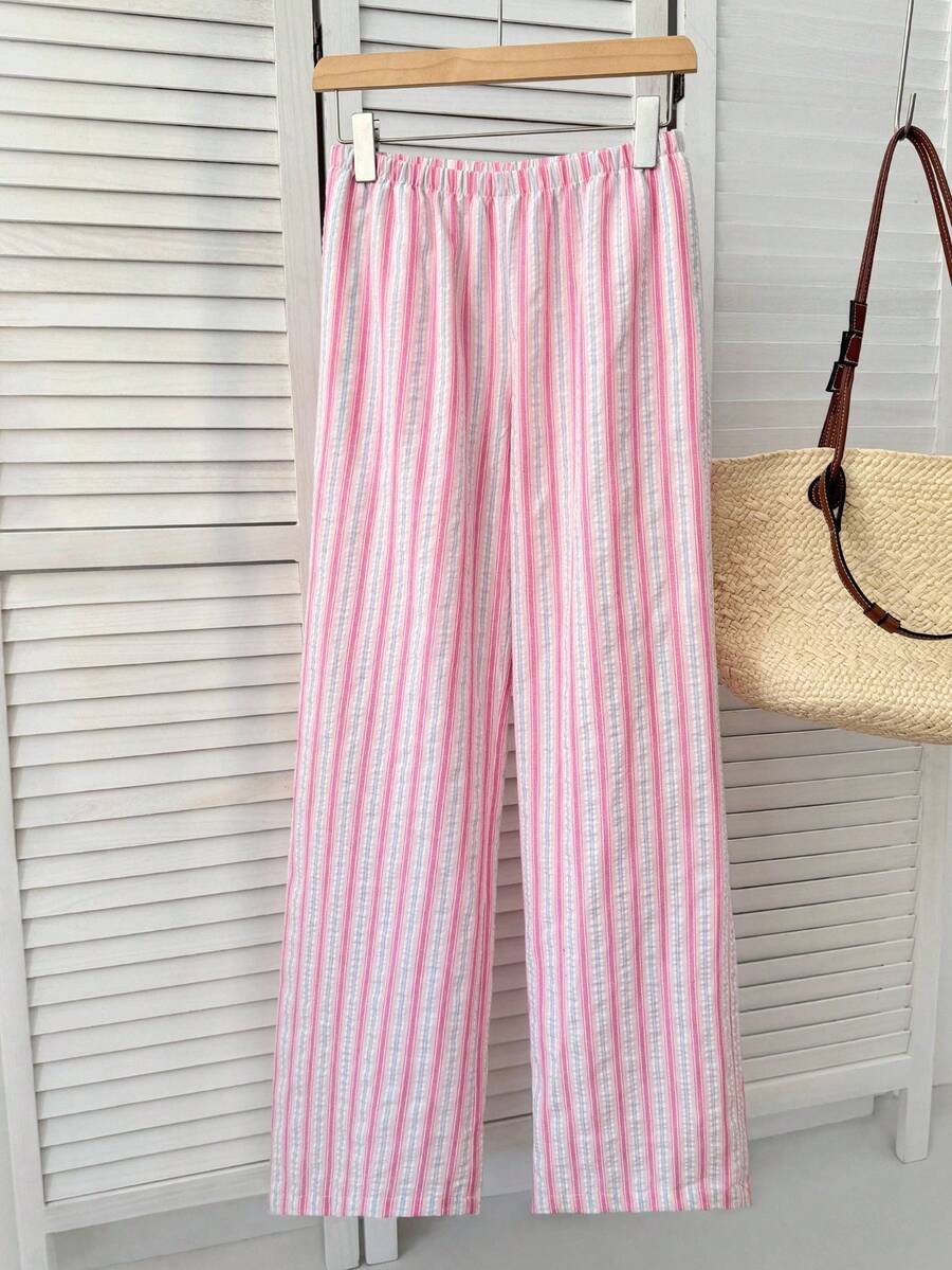 Elamini Women's Soft & Comfortable Linen Blend Striped Flare Leg Pants With Pockets, Low Waist, Elegant & Versatile For Commute, Casual, Vintage Daily Wear, Spring/Autumn Striped Wide Leg Pants Stripe Pants Wide Leg Summer Pants Fall Cloth For Women