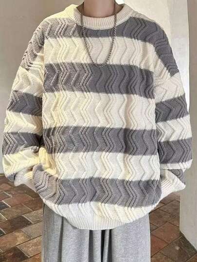 SHEIN كنزة صوفية كاجوال كورية الطراز فضفاضة القصة بياقة طاقم مخططة، مناسبة للأطفال للعودة إلى المدرسة، الارتداء اليومي، السفر، الرياضة، خلال فصلي الخريف والشتاء، كنزة صوفية أولاد، كنزة صوفية مصنوعة من الصوف، ملابس أطفال محبوكة