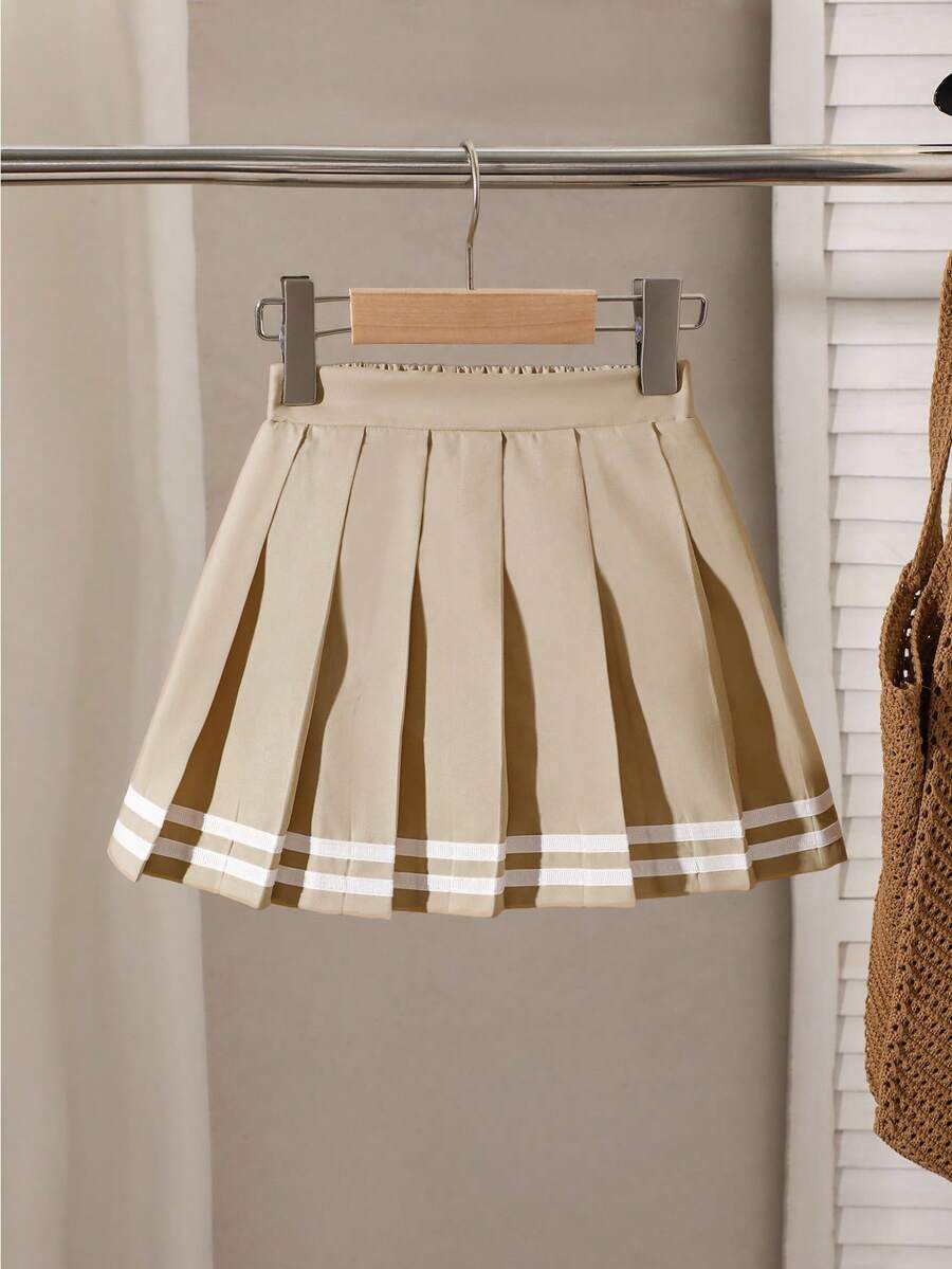 Young Girl Striped Ribbon Trim Pleated Skirt Fall Winter - Mocha Brown - View 1