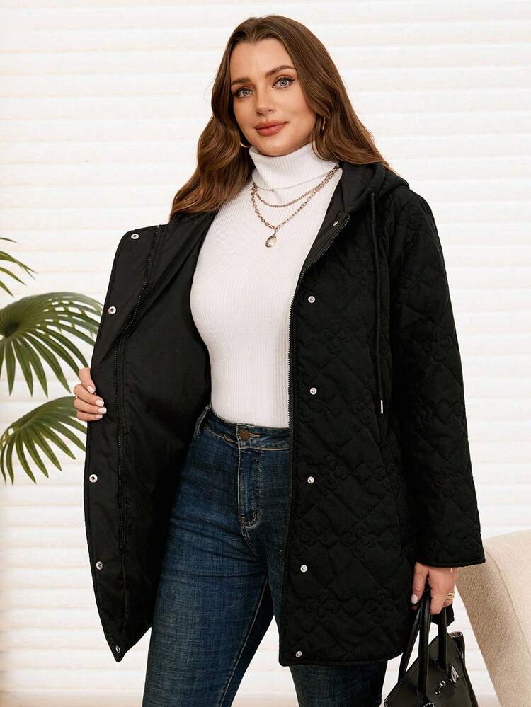 Plus Size Women Winter Casual Zip-Up Pocket Warm Flower Quilting Solid Color Black Hooded Padded Coat, Autumn/Winter,Women Plain Hooded Padded Winter Coat With Pockets,Fall/Winter Going Out,2025 New,Breathable And Comfortable