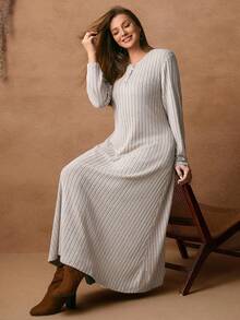 Rosumi Robe décontractée ample à manches longues, col boutonné, poche, côtelée, couleur unie, pour femmes grandes tailles