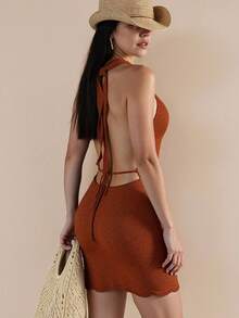 Bonvoyette Vestido de playa de punto con cuello en V profundo y anudado en unicolor