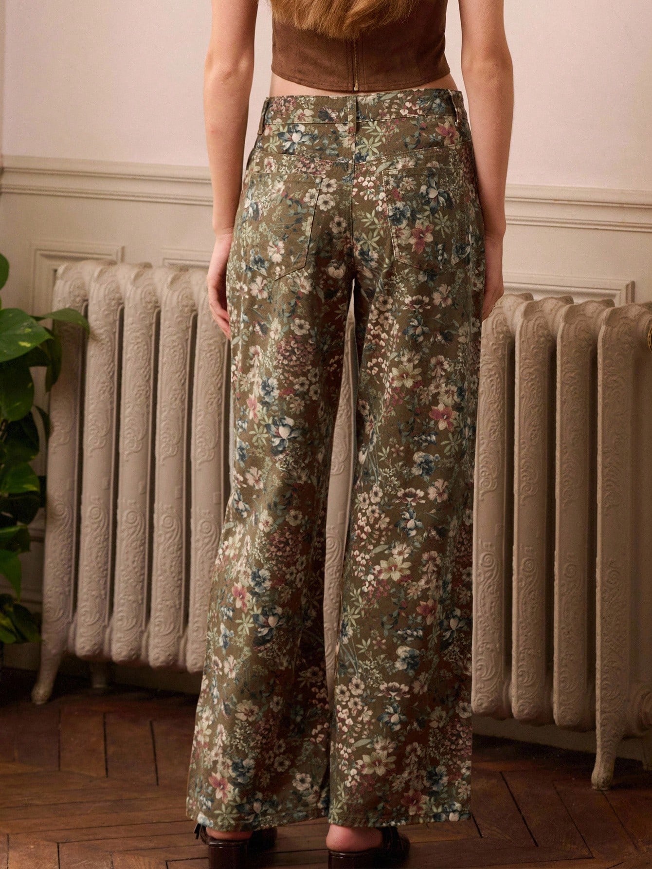 Calça Denim Reta e Larga com Estampa Floral Vintage, Roupas Femininas de Outono e Inverno