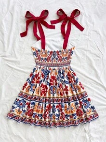 Soleia 度假女士印花细肩带蝴蝶结腰部 A 字迷你连衣裙，适合派对、圣诞节、约会、夜总会、波西米亚风、波西米亚风 - 彩色 - 查看 2