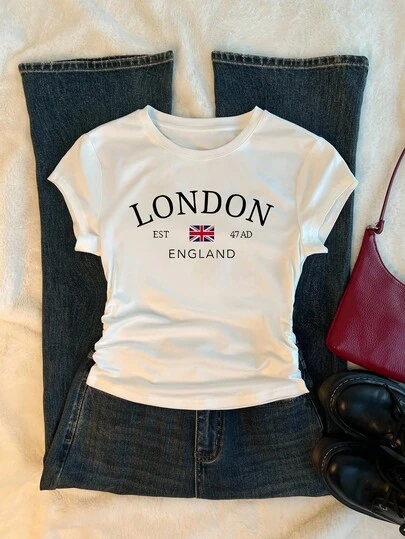 INAWLY 女士褶饰英文和国旗印花圆领 T 恤，适合春夏季、返校季、日常通勤、户外、运动、女士礼物、兄弟姐妹礼物、姐妹礼物、母亲礼物、母亲节礼物、休闲复古别致 T 恤、上衣